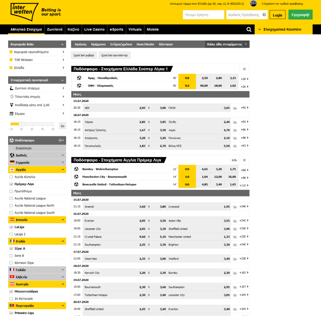 Παρουσίαση interwetten.gr από Stoiximaweb.gr, Στιγμιότυπο Οθόνης Κορυφαία Πρωταθλήματα